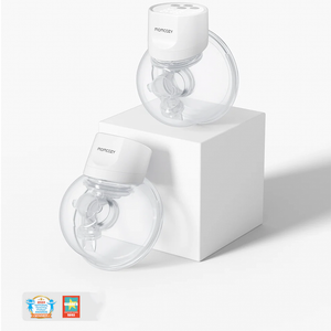 Vista lateral del extractor de leche Momcozy S12 Pro mostrando el diseño compacto y discreto que cabe en el sostén