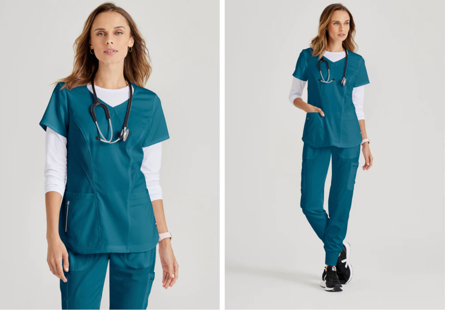 
                  
                    Top de Grey's Anatomy, modelo GRST124, con cuello en V curvo y 3 bolsillos, diseñado para combinar estilo y funcionalidad para profesionales de la salud.
                  
                