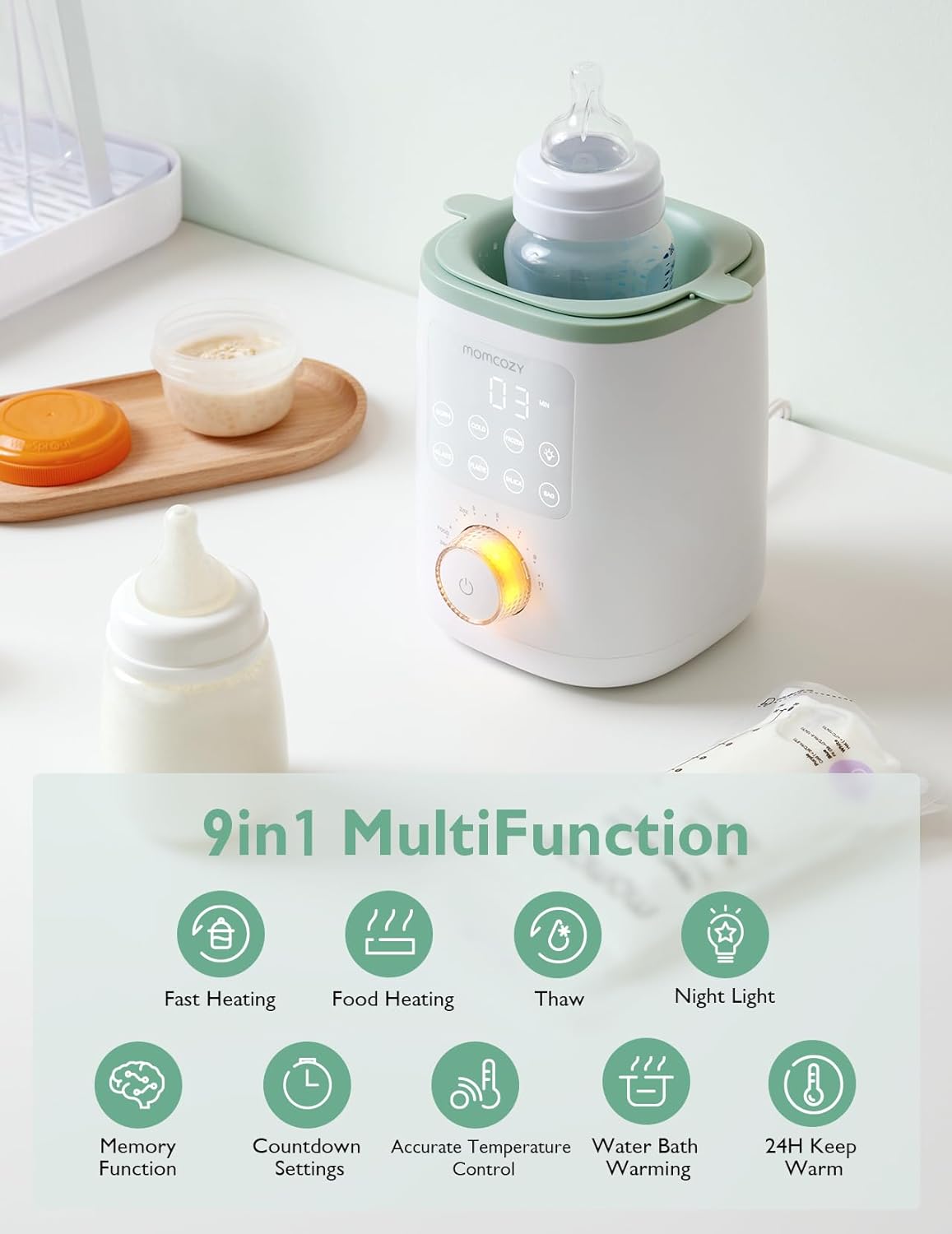 
                  
                    Momcozy Nutri: Calentador de Biberones 9 en 1 con Luz Nocturna, diseñado para proporcionar una solución versátil y conveniente para calentar biberones y alimentos para bebés. ¡Obtén un calentador multifuncional con luz nocturna integrada para facilitar las noches con tu bebé!
                  
                