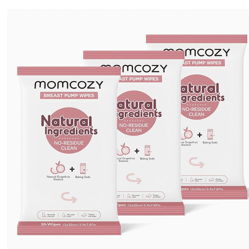 Momcozy Toallitas Naturales para Extractor de Leche: Limpieza Rápida y Ecológica, Paquete de 3 (30 Unidades Cada Uno)