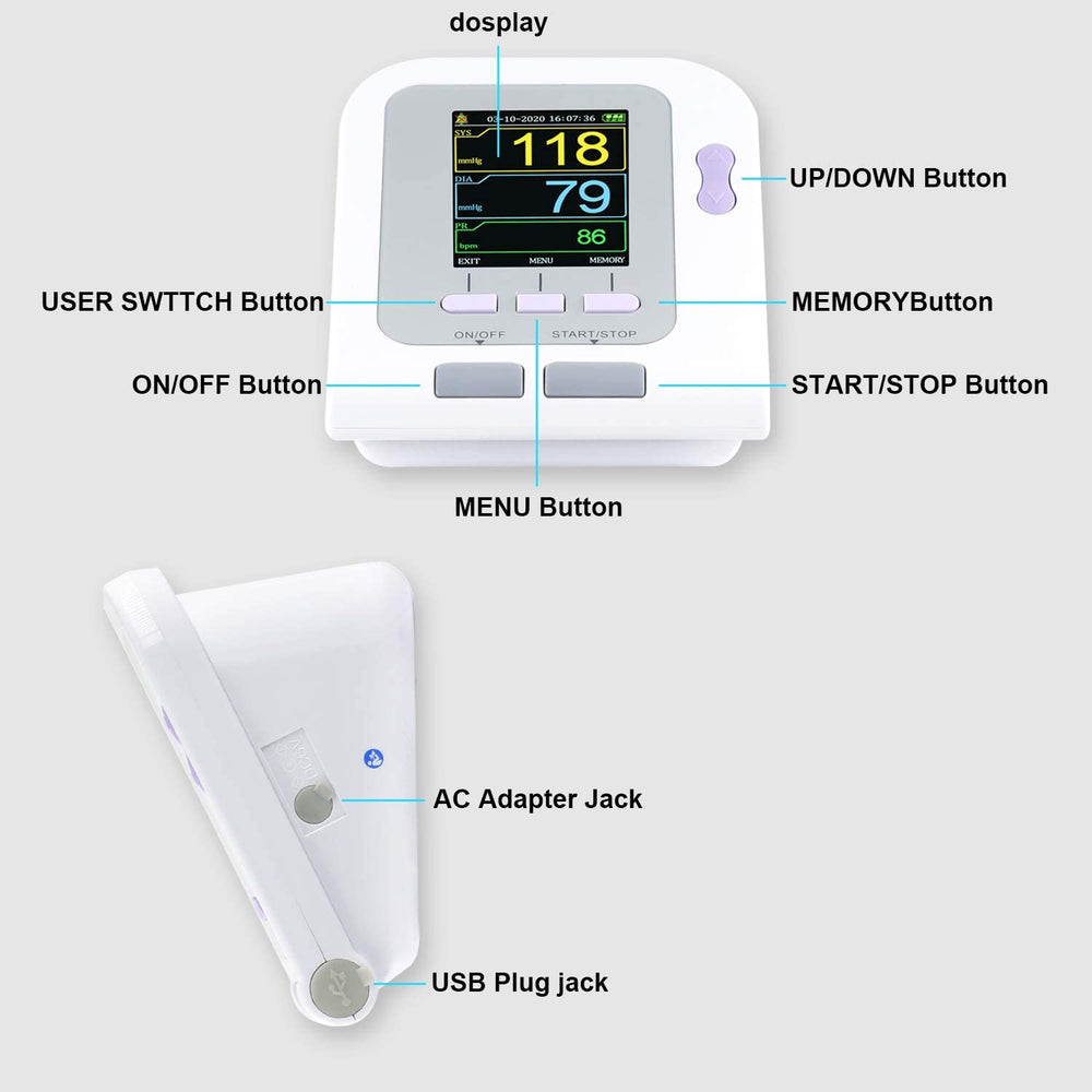 
                  
                    CONTEC08A Fully Automatic Upper Arm Digital Blood Pressure Monitor (3 Cuffs and Adult Spo2 Probe) 
                  
                