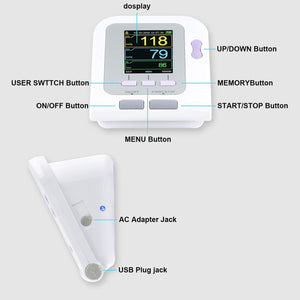 CONTEC08A Monitor de presión arterial digital completamente automático en la parte superior del brazo (3 puños y sonda spo2 para adultos)
