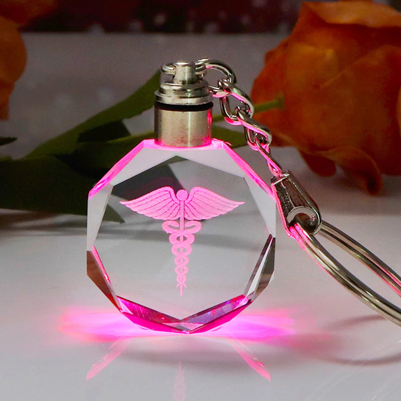 Laser Engraved Crystal Caduceus Keychain with Colorful LED Light